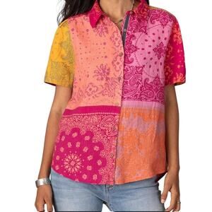 Sundance Womens Pure Linen Patchwork Quilt Bandana Button Up Shirt Large